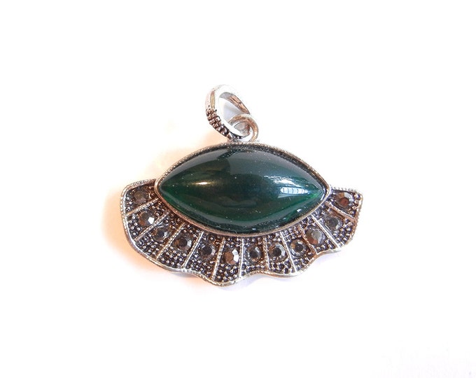 Abstract Green Acrylic Marquis Shaped Eye Pendant with Hematite Rhinestones Antique Silver-tone