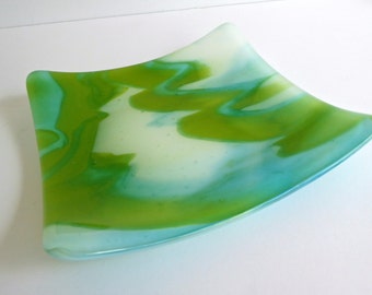 Fused Glass Plate in Streaky Blue, White and Green by BPRDesigns