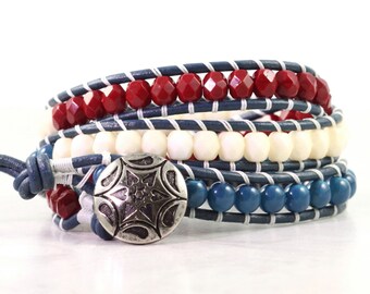 4th July Bracelet Patriotic Jewelry Leather Bracelet Americana 4th of July Jewelry Red White Blue Stars and Stripes USA Wrap Bracelet Beaded
