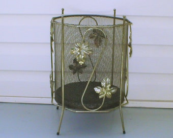 Waste Basket Trash Can Metal Black Wire Mesh Gold Leaves Vintage Midcentury