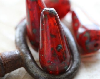 PERSIMMON CHUBETTES .. 4 Picasso Czech Teardrop Beads 20x10mm (5257-4)
