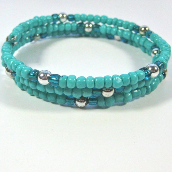 Turquoise and silver beaded triple row wrap bracelet aqua
