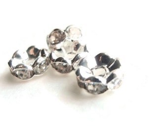 12 (8mm) Clear AAA Rhinestone Spacer Beads, Jewelry making Bead Supply, Wavy, Silver Plated Brass , 8mm Diameter