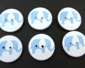 6 Elephant Buttons. Blue Elephant with White Ears. Sewing Buttons. 3/4" or 20 mm. Novelty Buttons Handmade By Me. Washer and dryer Safe.