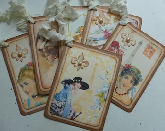 Paris tags, french themed, ladies, vintage style, eiffel tower, fleur de lis, roses, party favor tags - set of 6