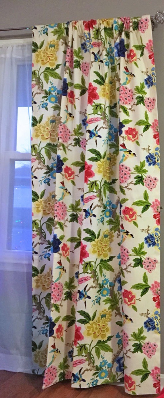 Bird Theme Curtain Panels Floral RodPocket Curtains Blue