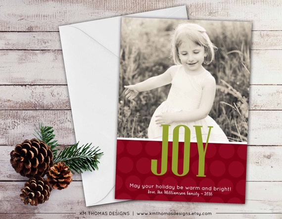 Joy Photo Holiday Card - Christmas Photo Card - New Years Photo Card - Red and Green Holiday Card - Large Joy - Polka Dots - WH153 Il_570xn