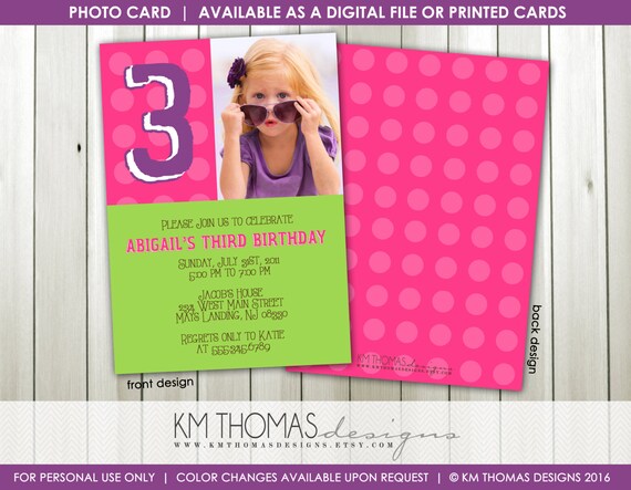Photo Birthday Invitation - Custom 3rd Birthday Invitation Girl - Polka Dot Birthday Invitation - Pink and Green Invitation - BD148 Il_570xn