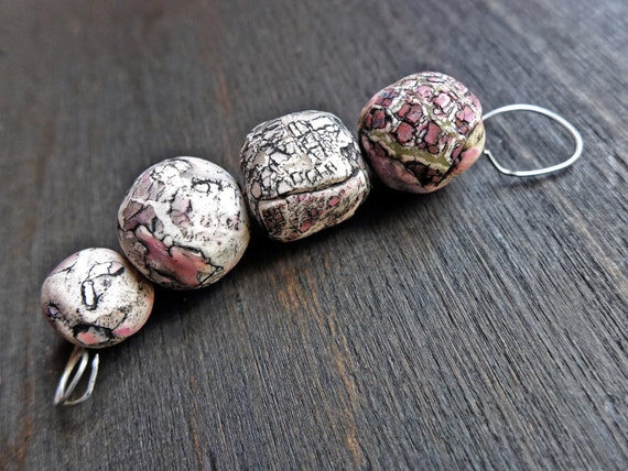 Fractured Stones- rustic crackle polymer clay art bead earring pairs (4)- handmade artisan beads- grey and pink