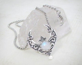 Selene Moonstone Necklace - Silver Crescent Moon Necklace, Rainbow Moonstone Pendant Necklace, Crescent Necklace, Moonsong Collection