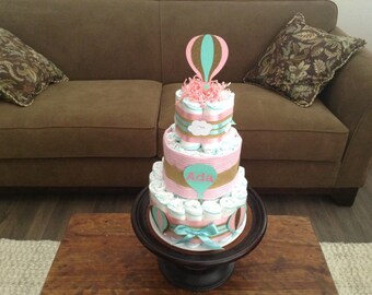 Hot air balloon diaper cake baby shower centerpiece gift other colors and sizes.