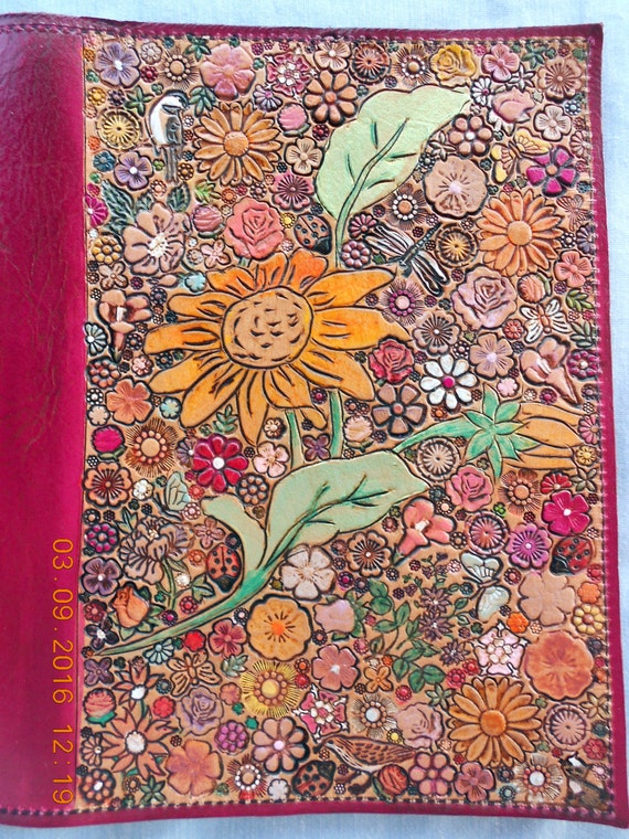 Red Border Leather Jr. Legal Pad Cover with Many Flowers and
