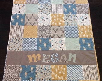 Yellow Boho Woodland Baby Quilt - Personalized Baby Quilt - Blanket - Crib Size - Deer - Arrow - Blue - Rustic - Modern - Antler - bohemian