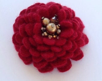 Deep Red Cashmere Flower Brooch Pin with Vintage Earring Center