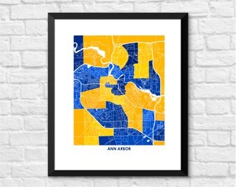 Ann Arbor Map Print. Choose the Colors and Size. Perfect Art for your favorite University of Michigan Wolverine.