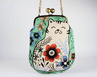 Frame purse with shoulder strap - Pennie in mint - Pennie handbag / Modern japanese fabric / Cotton and Steel / Wattsalot / Folk cat flowers