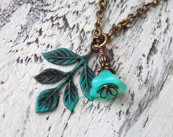 Leaf Necklace Dainty Czech Flower Turquoise Teal Blue Leaf Charm Branch Patina Boho Necklace Bohemian Jewelry Verdigris GIft Necklace