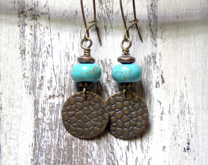 Boho Earrings Small Dangle Earrings Rustic Circle Woodland Jewelry Brass Earrings Textured Hammered Turquoise Drop Minimalist Jewelry