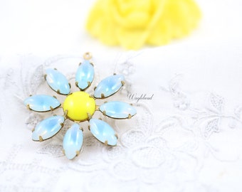 Aquamarine Sabrina & Opaque Lemon Yellow Daisy Flower Pendant Earring Dangle Vintage Stones Brass Setting 30mm
