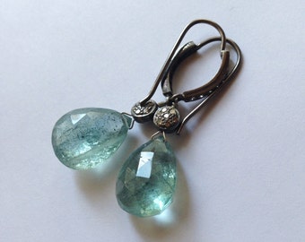 Large Moss Aquamarine Briolette with Diamonds Pave Set in Sterling Silver Earrings