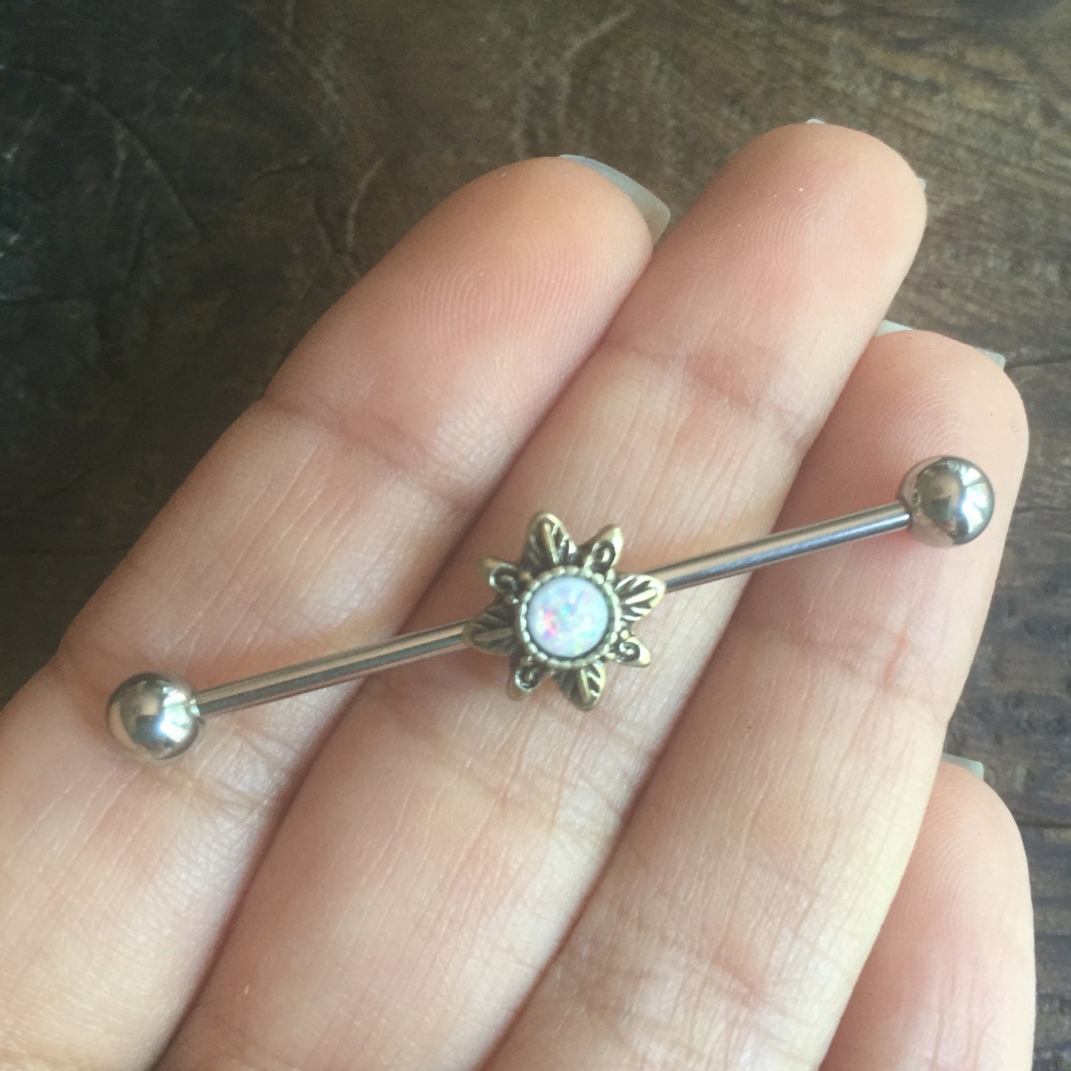 Industrial Barbell 14g 16g Earring White Opal Bronze Sun