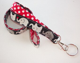Elephant Fabric Lanyard ID Badge Holder - Lobster clasp and key ring - two toned double sided