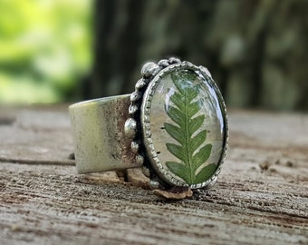 Real Fern Ring - Preserved Green Feather Fern on Birch Bark - Pressed Leaf Silver Adjustable Ring - Nature Jewelry - Rustic Woodland Ring