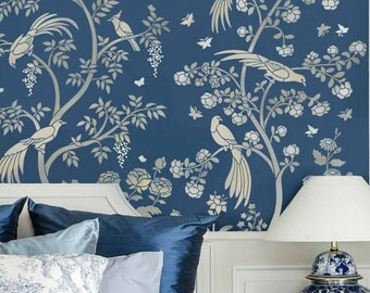 Birds and Roses Chinoiserie Wall Mural Stencil - Better than Wallpaper - Stencil for DIY Home Decor