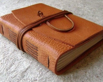 Leather journal, 4"x 6"rustic orange, 264 pages,handmade journal by Dancing Grey Studio(1108)