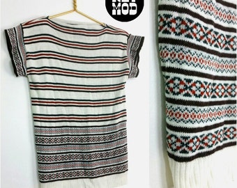 Cute Vintage 70s Boho Nordic Style Sweater Top with Brick Red, Green, Black and Red Stripes!