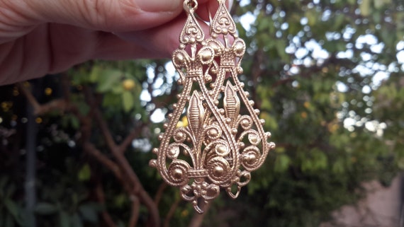 Long Ornate Gold Vintage Dangles | Antique Golden Brass Earrings