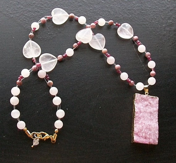 Pink Agate with Rose Quartz Rubies Tourmaline on Gold-Ruby