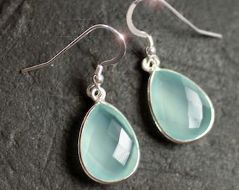 Sea Frost - Faceted Aqua Blue Chalcedony Sterling Silver Earrings