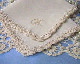 Monogrammed Handkerchief, Hanky, Hankie, Personalized, Embroidered, Hand Crochet, Lace, Ladies, Scalloped, Ecru, Off White, Ready to ship