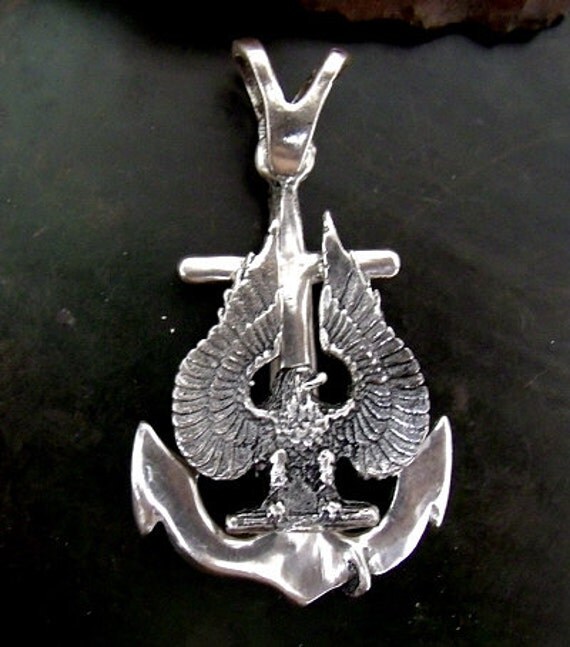 Large Navy Anchor and Eagle Pendant in Solid Sterling Silver