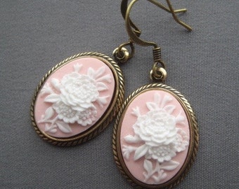 Cameo Earrings - Flower Jewelry - Flower Earrings - Victorian Jewelry - Pink Earrings - Romantic Earrings - Romantic Jewelry - Pink Jewelry