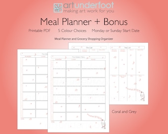 PDF Meal Planner with Music Notes and Singing Bird. Bonus Matching Grocery Shopping Organizer.
