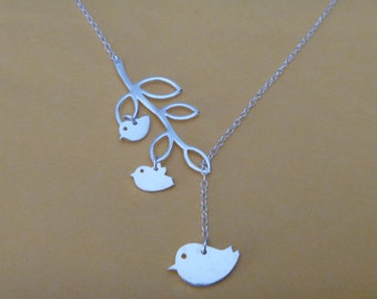 Mother Necklace - Mom and Two Baby Bird Necklace - Single Mom and Child Necklace - Mommy Necklace - Branch Lariat Necklace - Bird Necklace