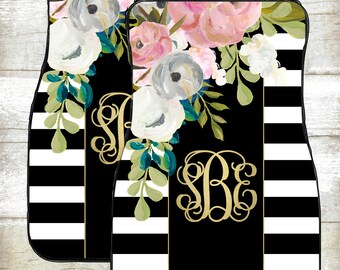 Monogram Car Mats-Car Accessories-Car Mats-Personalized Car Mats-Monograms-Stripe Car Mats-Watercolor Flowers-Floor Mats