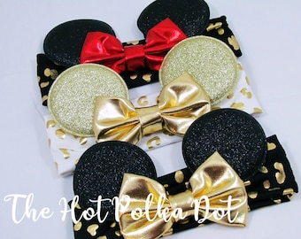 Gold White Cheetah Print Headband, Red Bow Minnie Mouse Ear Headband Messy Bow Headband Disney Vacation Shirts - Babies and Toddlers