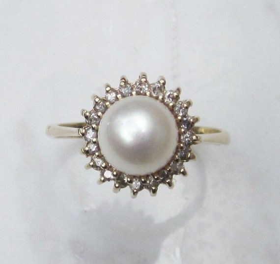 Vintage Pearl and Diamond Halo Ring Set in 14K Solid Yellow