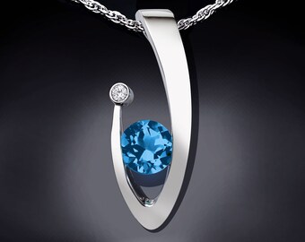 blue topaz necklace, Swiss blue topaz, statement necklace, white sapphire pendant, Argentium silver, December birthstone, artisan gift 3418
