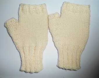 Adult Fingerless Gloves. Cream color, L to XL Mens Winter Gloves.