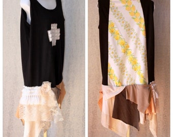 Beautiful Upcycled Dress - Tattered Lace & Jersey Tunic - Funky, Artsy, Bohemian Repurposed Clothing - Size M / L / XL - Black, White, Beige