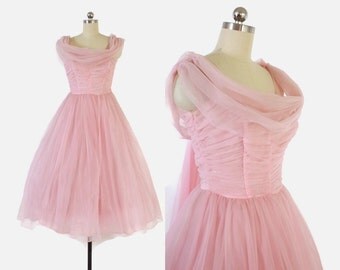 Vintage 50s Party DRESS / 1950s Pastel Pink Chiffon Full Skirt Party Prom Dress with Swag XS