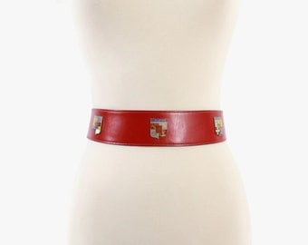 Vintage 50s BELT / 1950s FRENCH Novelty Red Leather Enamel Medallions Souvenir Statement Belt xs