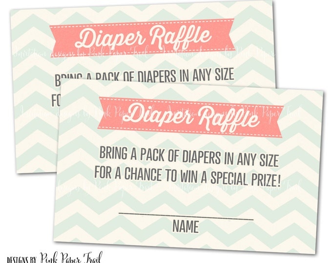 Chevron Print Peach and Mint Diaper Raffle Card, Instant Download, Print Your Own