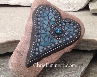 Denim Blue Heart, Garden Stone, Mosaic, Garden Decor