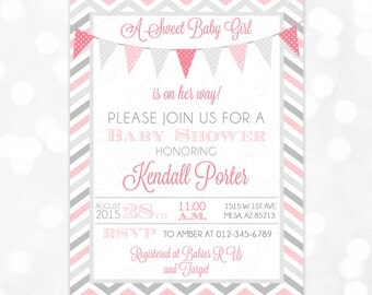 Baby Girl Shower Invitation Gray Chevron Pink Gray Pennant Bunting Banner It's a Girl Baby Shower Invite Girl DIY Printable Invite PDF (#87)