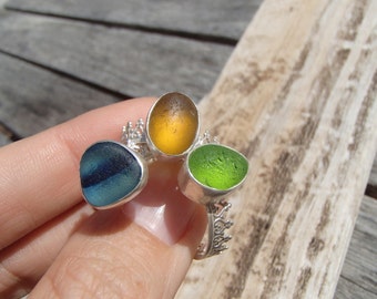 One Sea Glass Crown Sterling Silver Ring (S12)